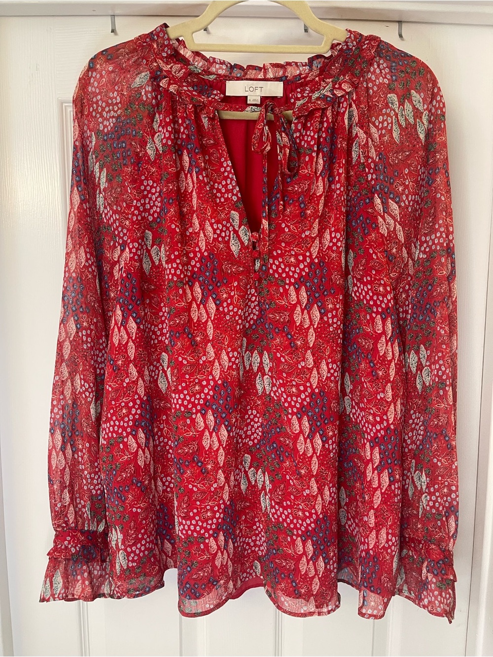 LOFT Red Multi-Print Ruffle Tie Neck XL Blouse